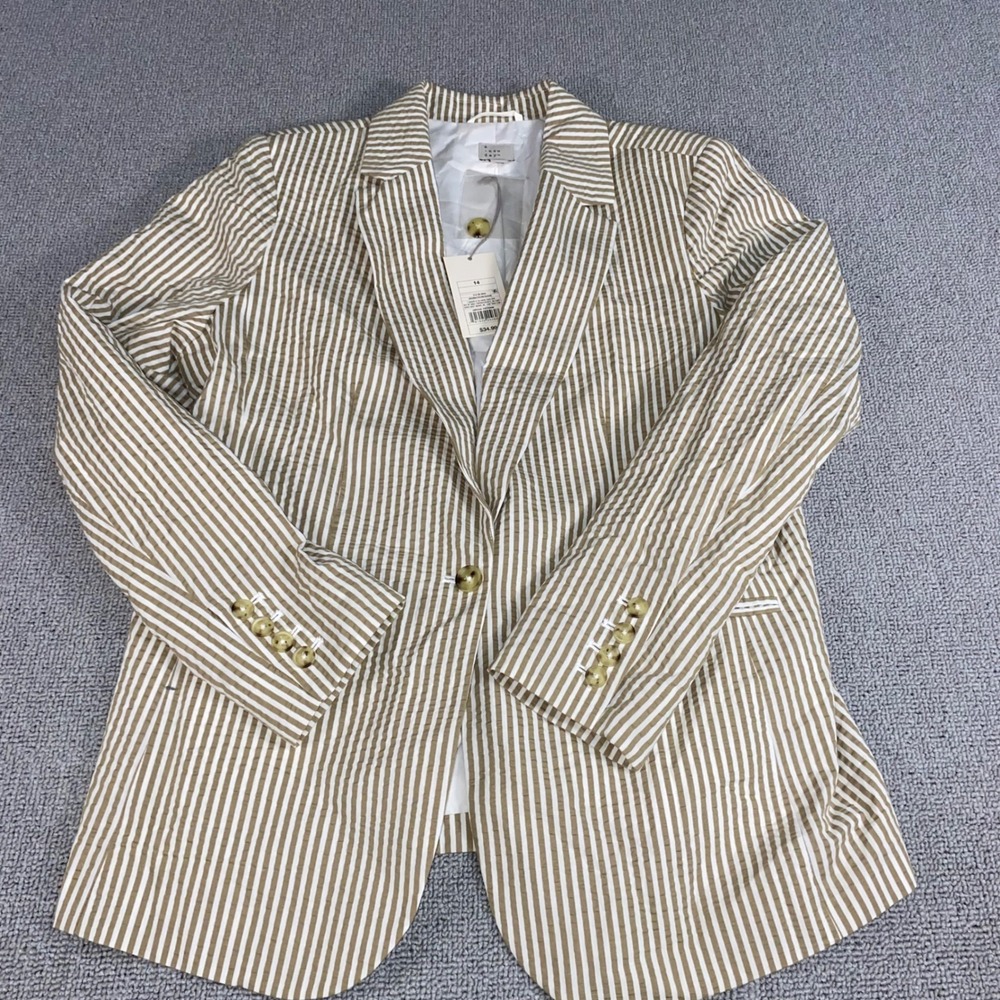 A New Day Seersucker Blazer Womens 14 Brown Cream Striped Button Front Suit NWT
